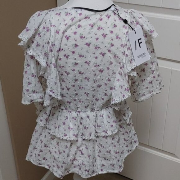 ANTHROPOLOGIE Selected Femme White ruffled peasant short sleeves top flower - Picture 7 of 15